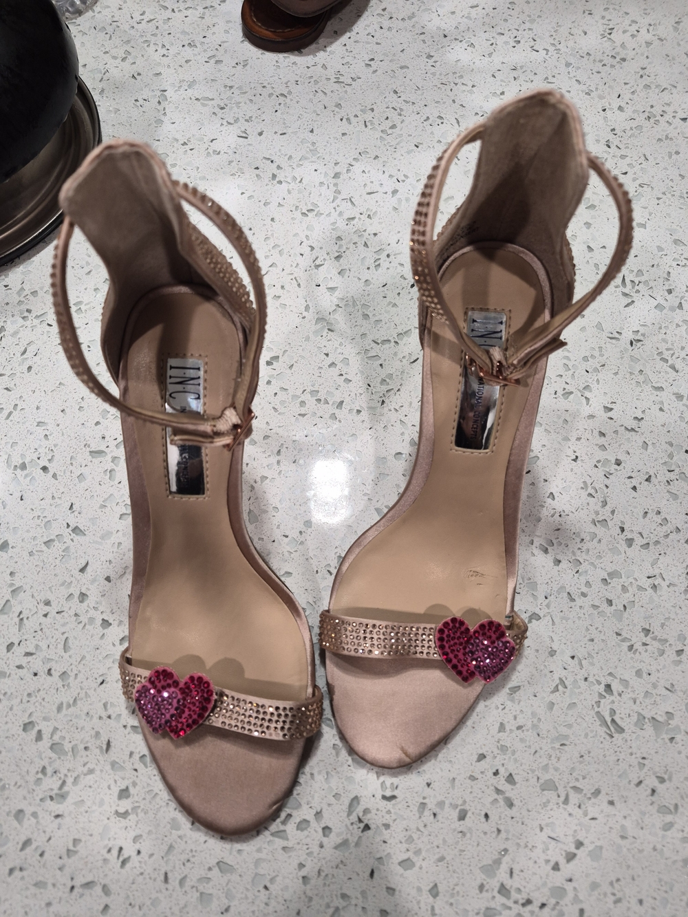 Women’s Nude Pink Heart-Embellished Ankle Strap Heels Size 9